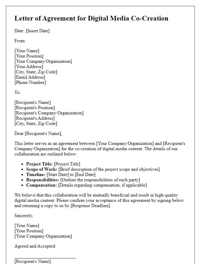 Letter template of agreement for digital media co-creation