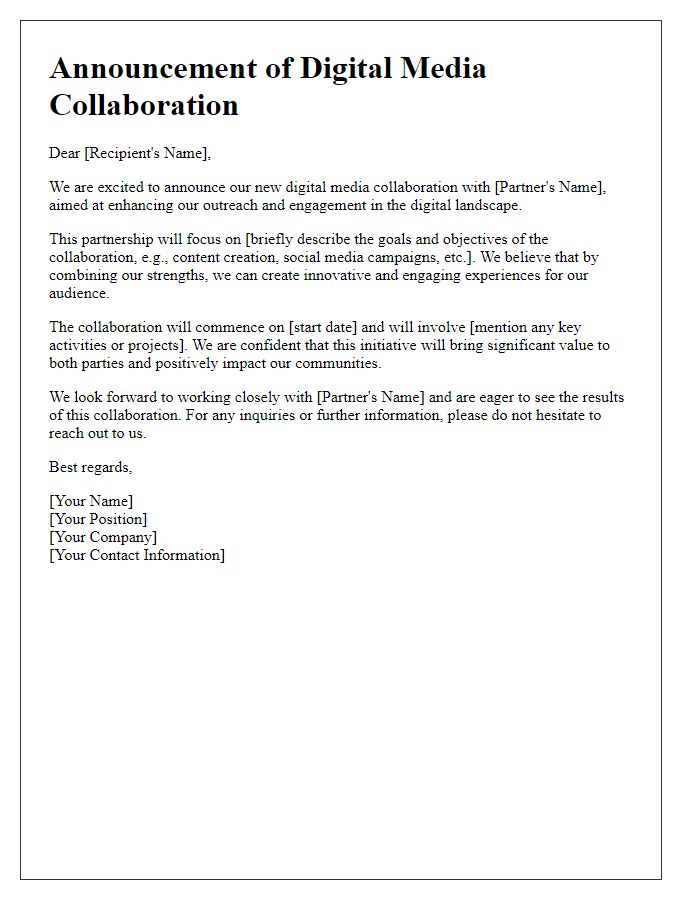 Letter template of announcement for digital media collaboration