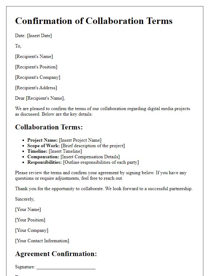 Letter template of confirmation for digital media collaboration terms