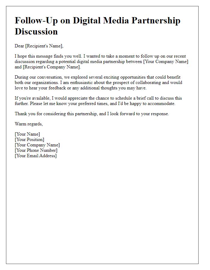 Letter template of follow-up for digital media partnership discussion