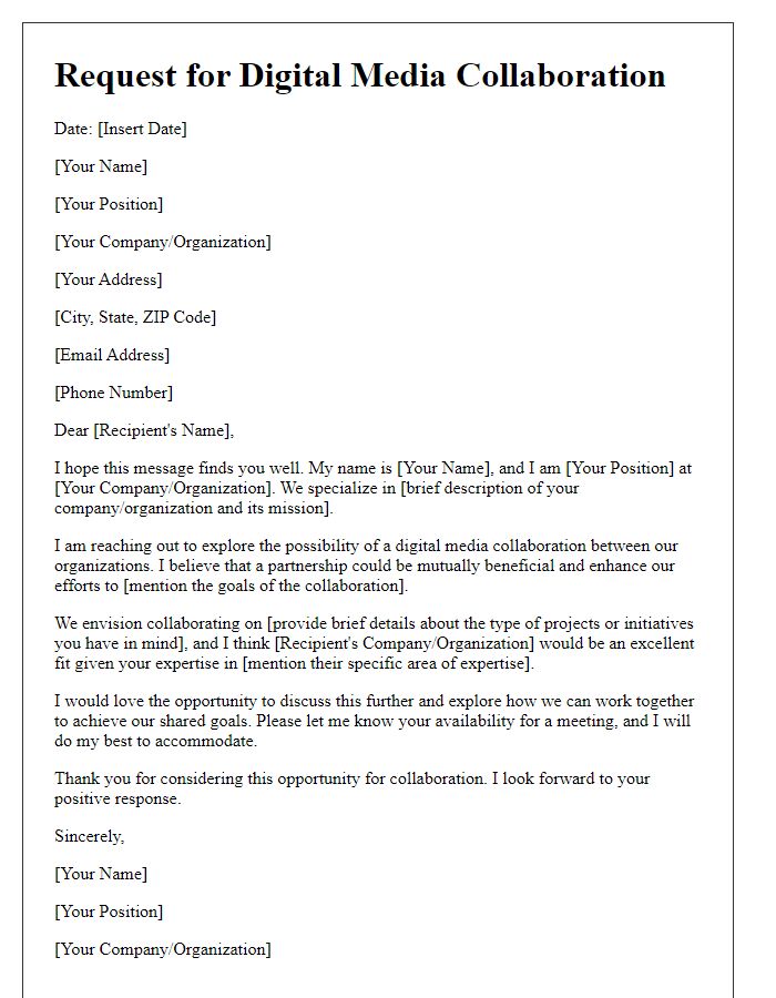 Letter template of request for digital media collaboration