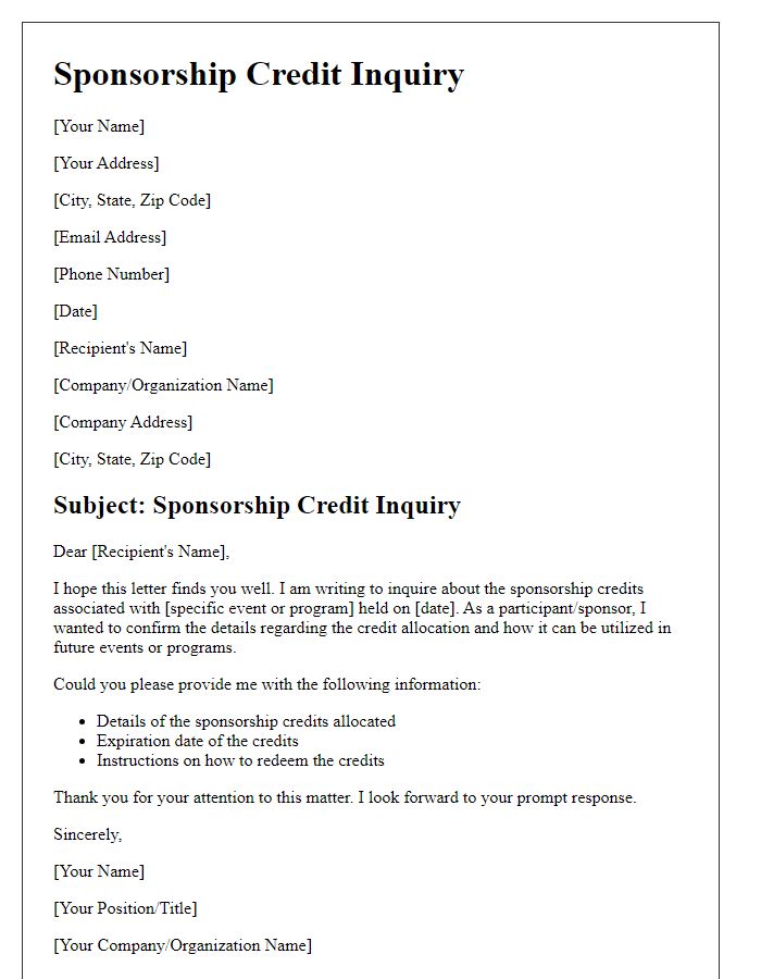 Letter template of Sponsorship Credit Inquiry