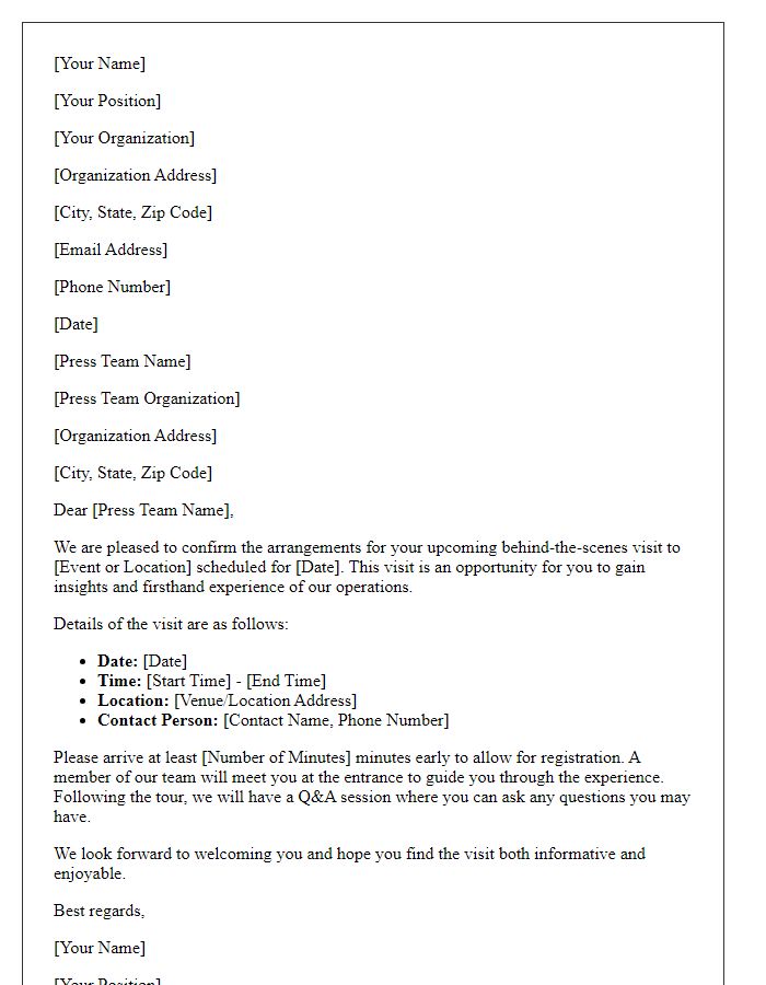 Letter template of arrangement for behind-the-scenes visits for press teams