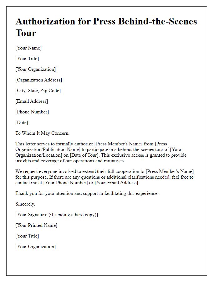 Letter template of authorization for press to experience behind-the-scenes tours