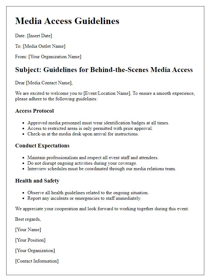 Letter template of guidelines for behind-the-scenes media access and conduct