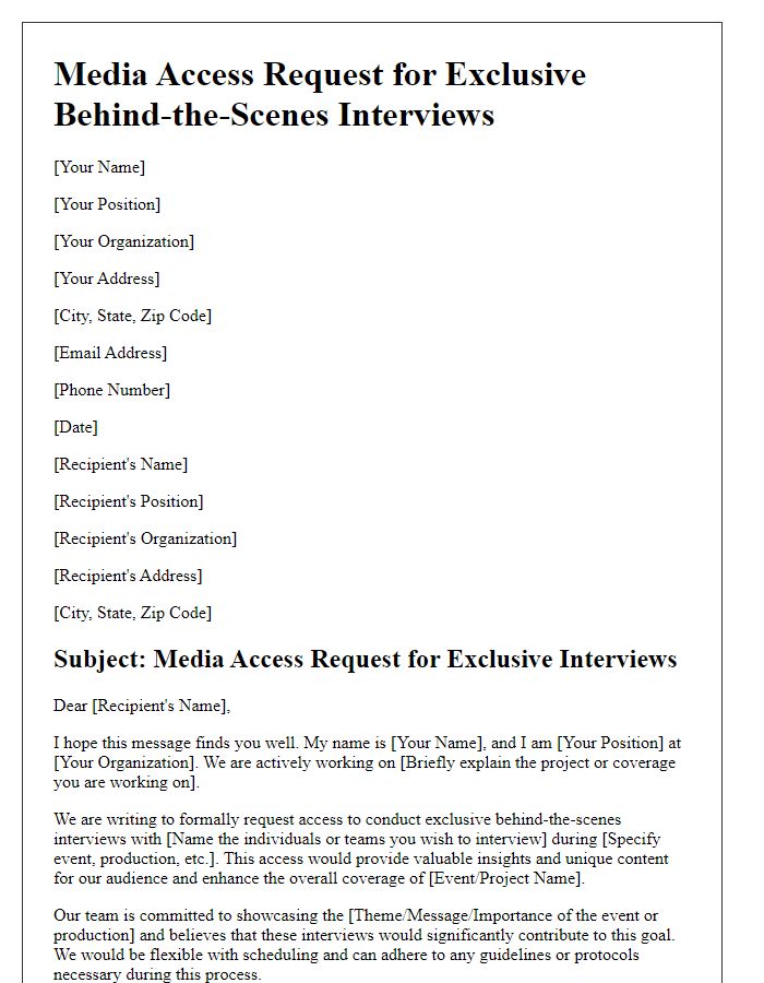 Letter template of media access request for exclusive behind-the-scenes interviews