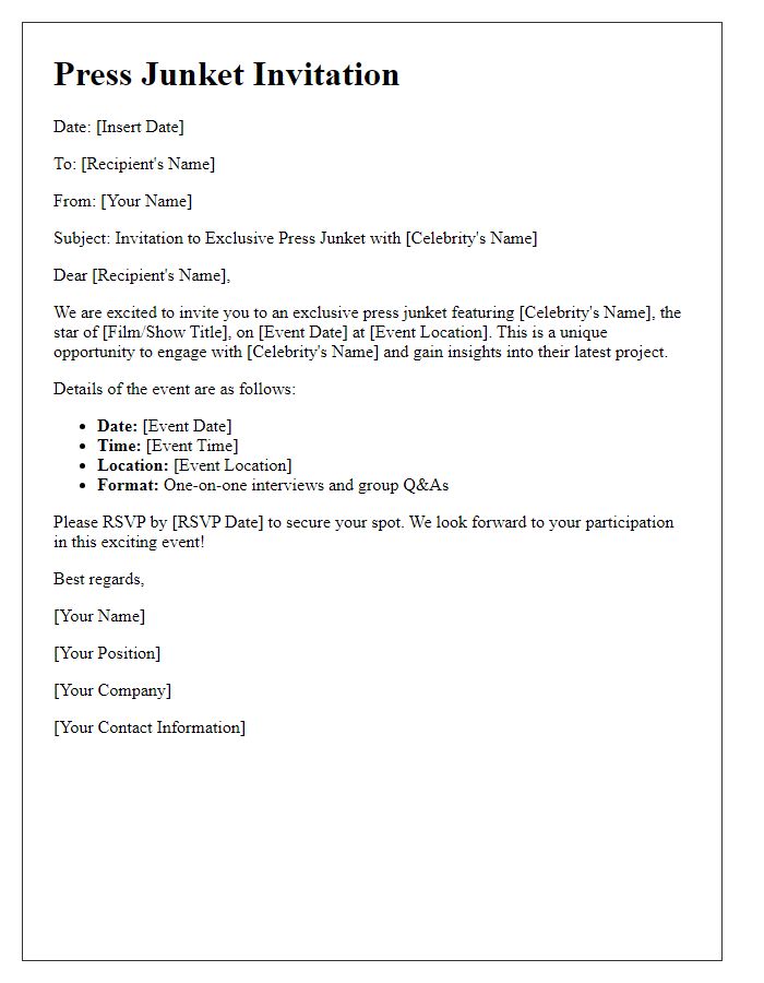 Letter template of press junket invitation for celebrity interview.