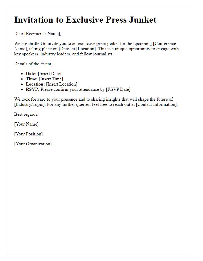 Letter template of press junket invitation for exclusive conference.