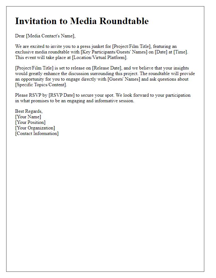 Letter template of press junket invitation for media roundtable.