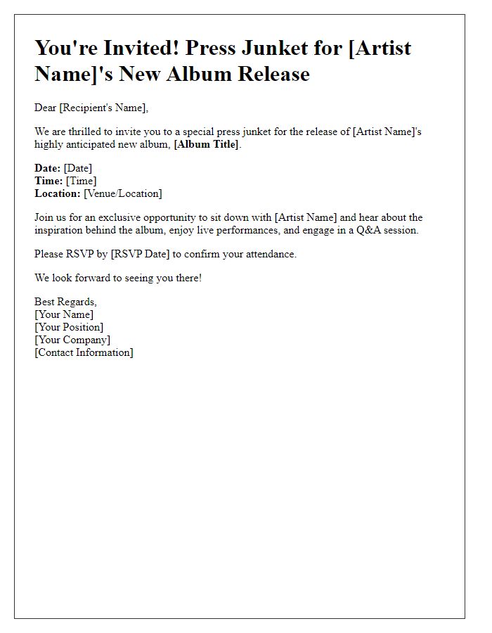 Letter template of press junket invitation for new album release.