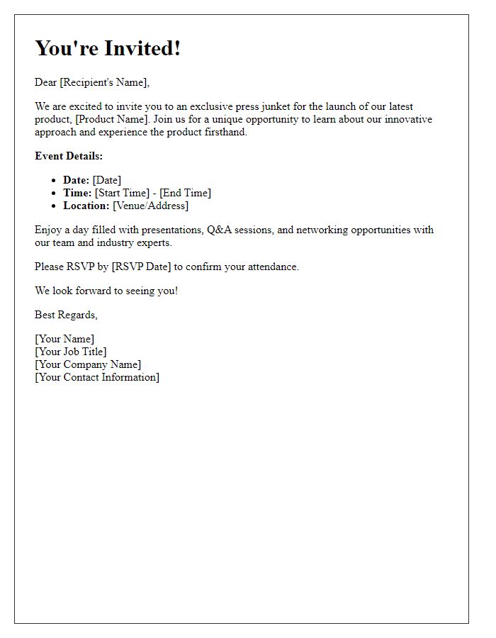 Letter template of press junket invitation for product launch.