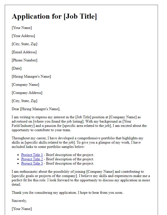 Letter template of career application featuring portfolio samples
