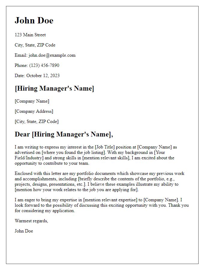 Letter template of professional application with portfolio documents