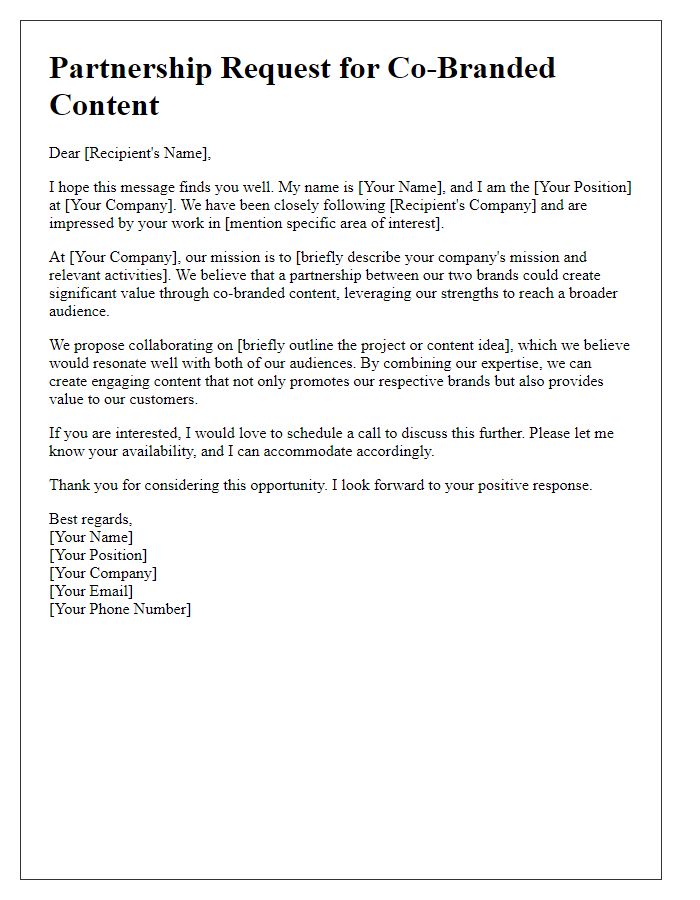 Letter template of partnership request for co-branded content.