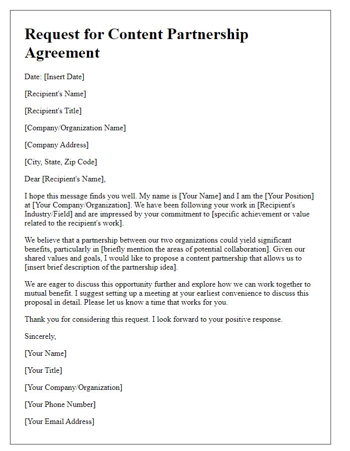 Letter template of request for content partnership agreement.