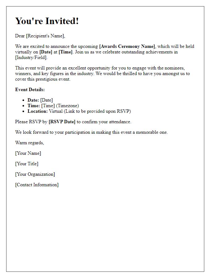 Letter template of virtual press event invitation for awards ceremony