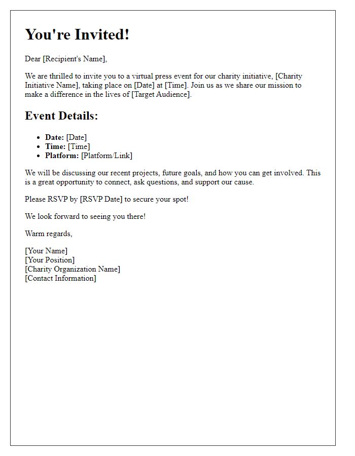 Letter template of virtual press event invitation for charity initiative