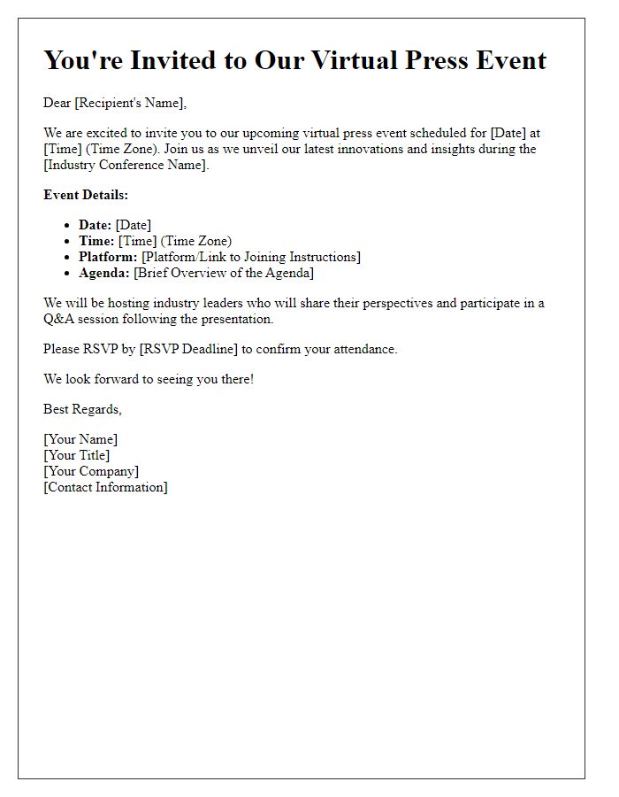 Letter template of virtual press event invitation for industry conference