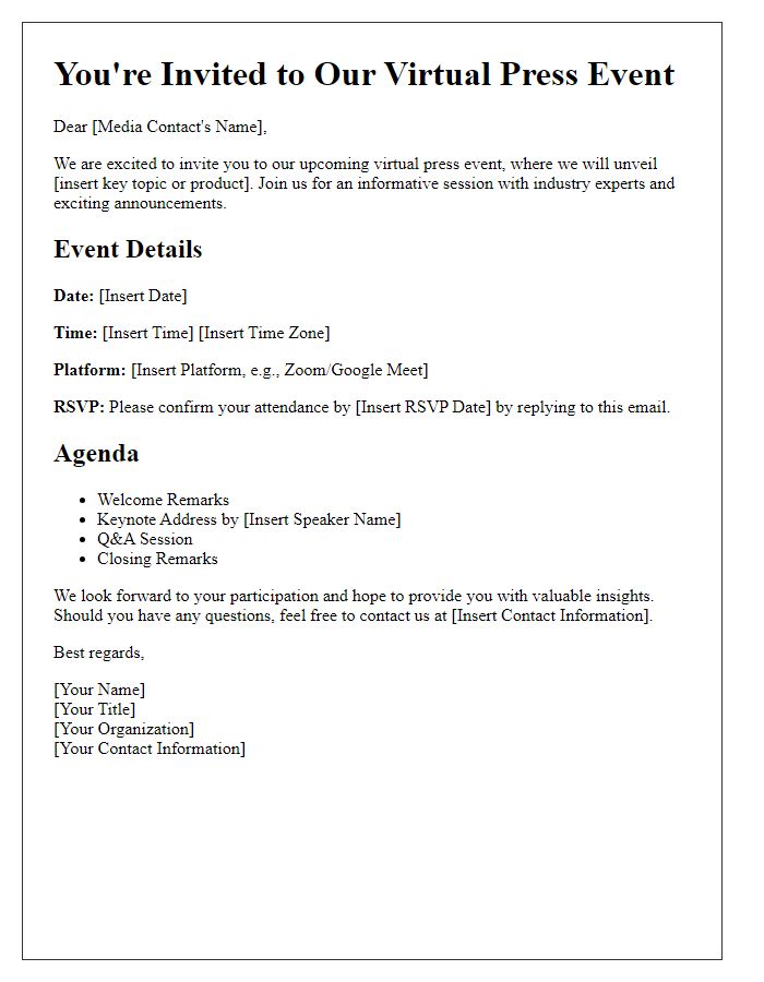 Letter template of virtual press event invitation for media briefing