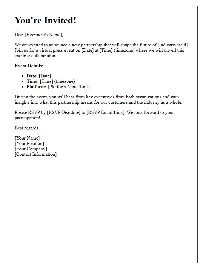 Letter template of virtual press event invitation for new partnership announcement