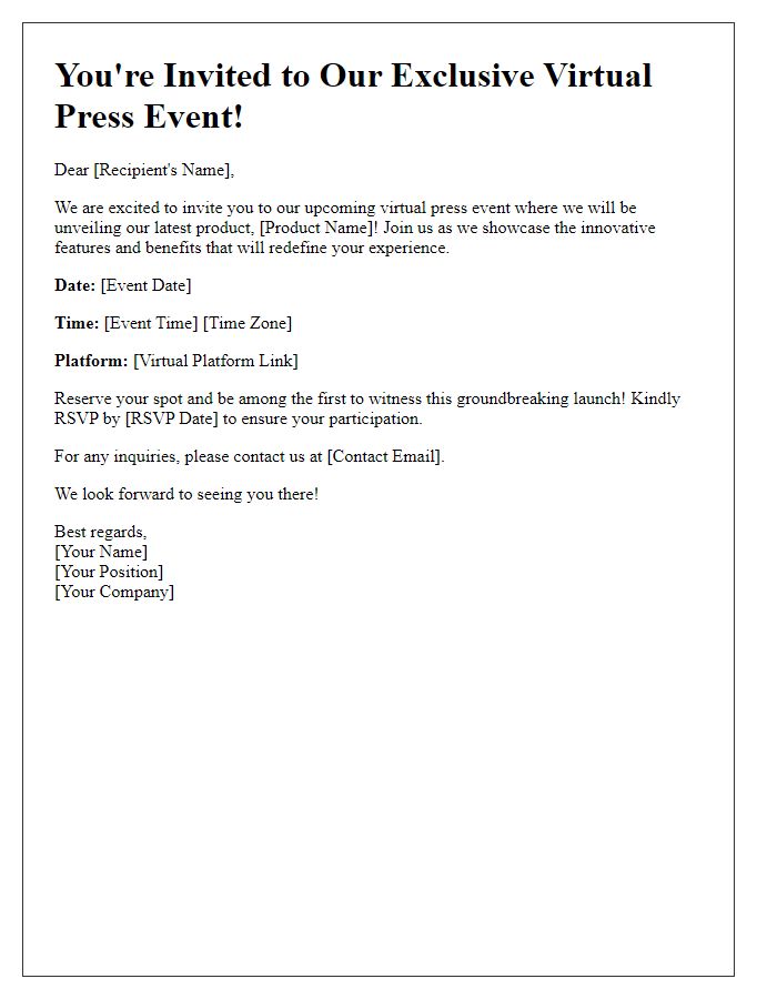 Letter template of virtual press event invitation for product launch