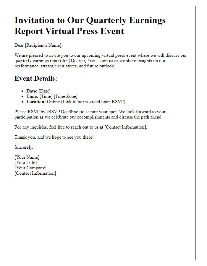 Letter template of virtual press event invitation for quarterly earnings report