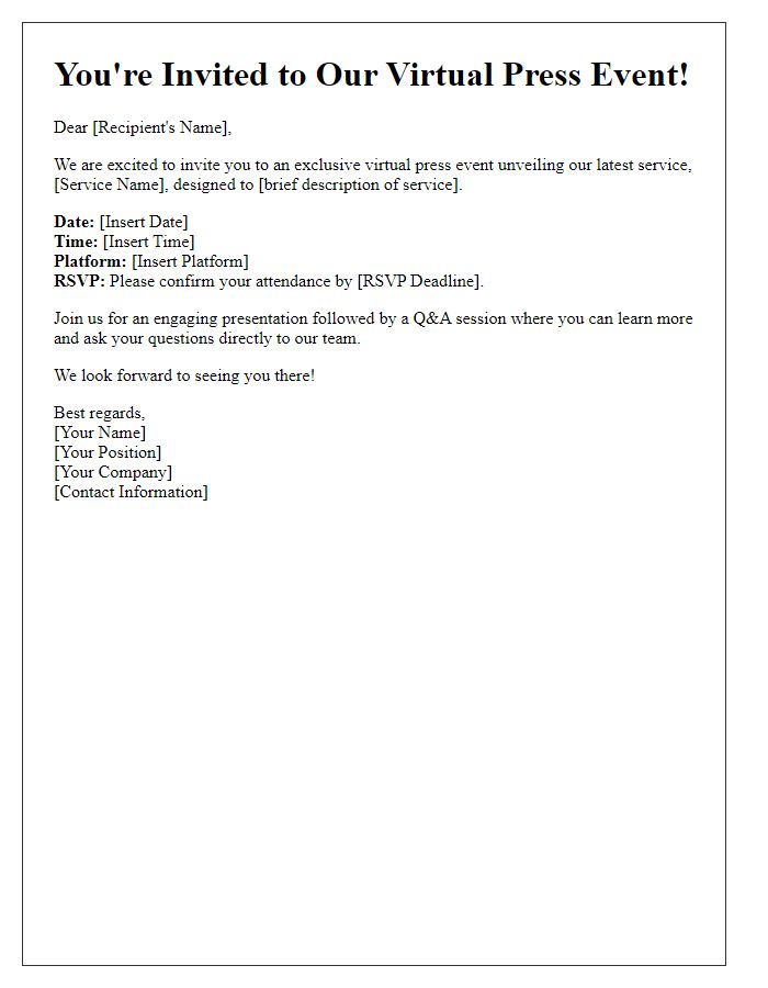 Letter template of virtual press event invitation for service unveiling