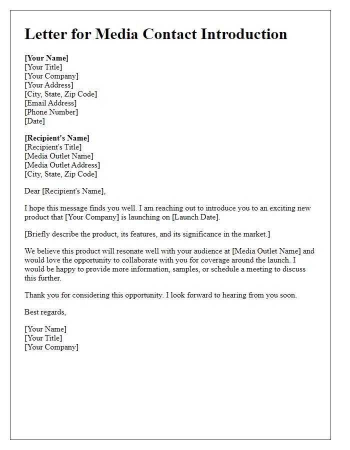 Letter template of media contact introduction for product launch