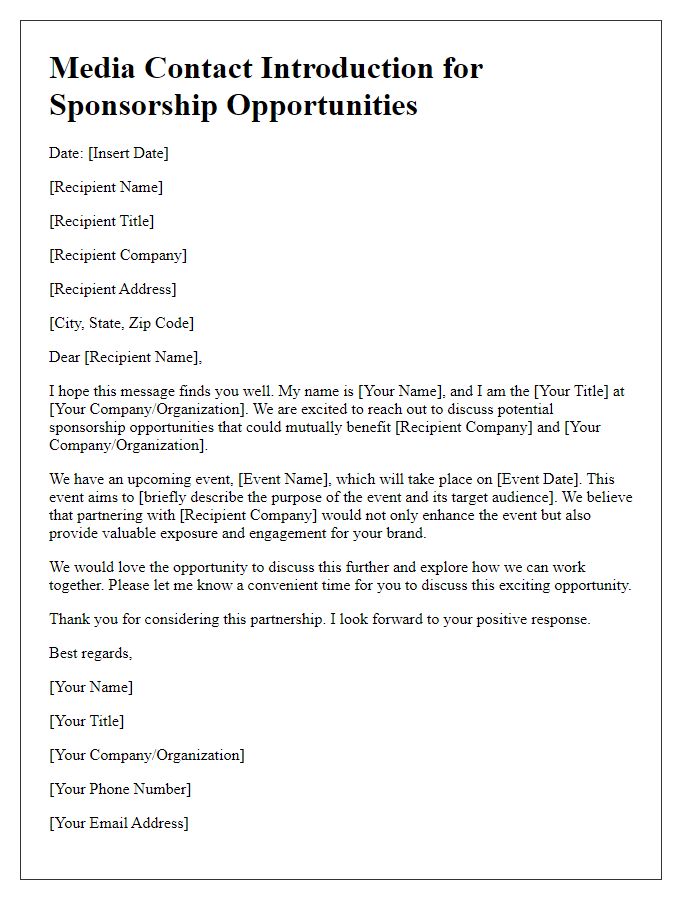 Letter template of media contact introduction for sponsorship opportunities