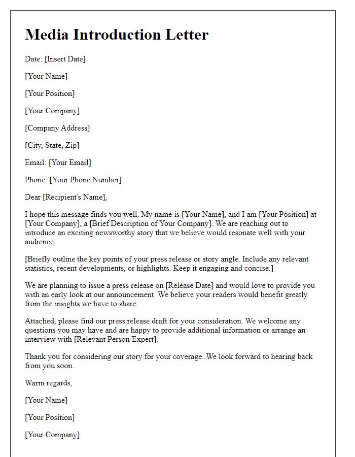 Letter template of media introduction for press release outreach