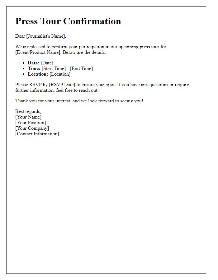 Letter template of press tour confirmation for journalists.