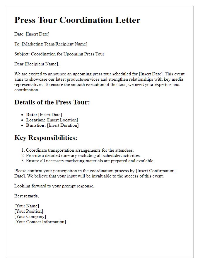 Letter template of press tour coordination for marketing teams.