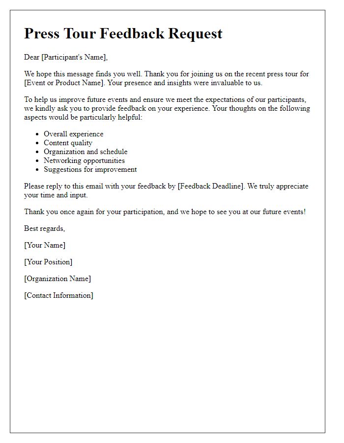 Letter template of press tour feedback request for participants.