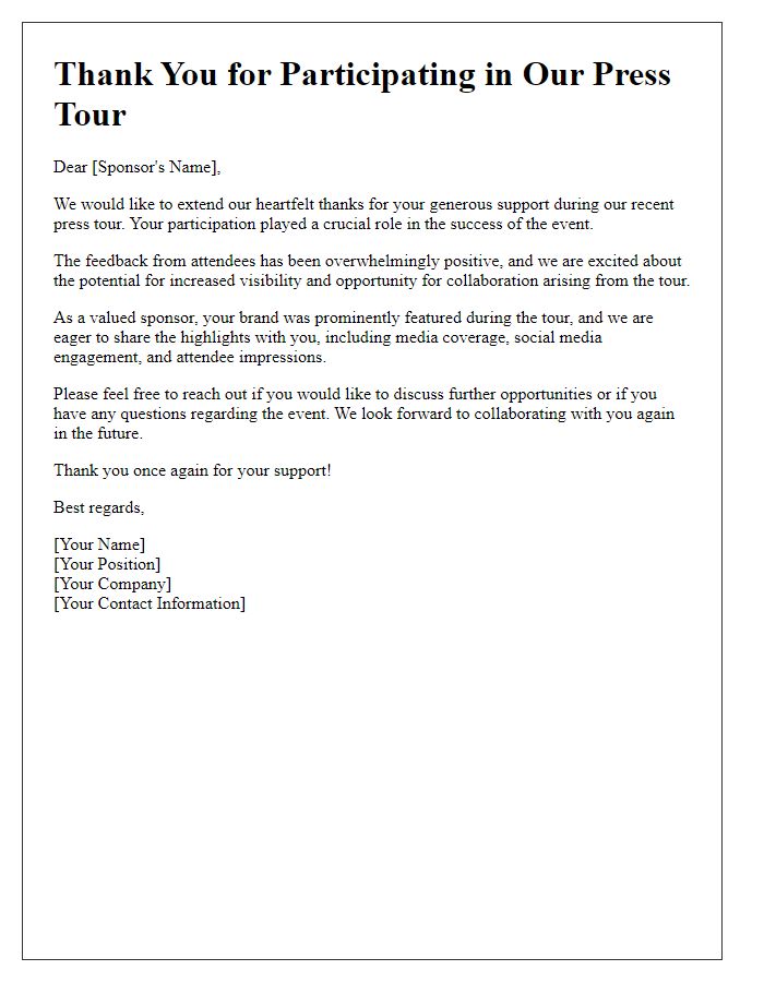 Letter template of press tour follow-up for sponsors.