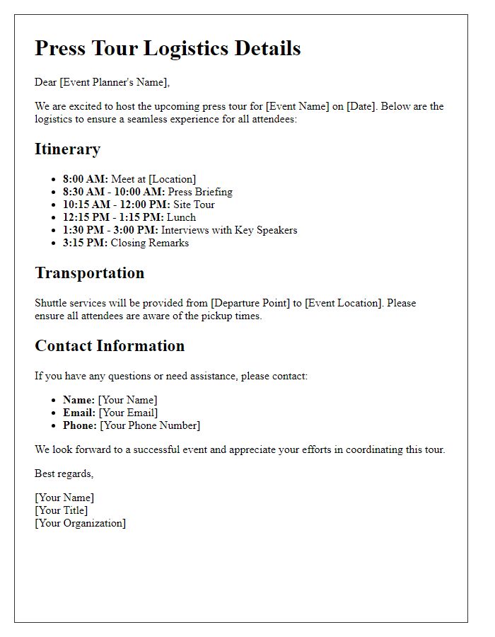 Letter template of press tour logistics for event planners.