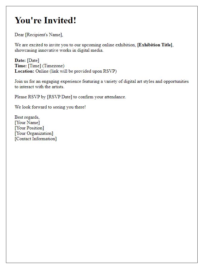 Letter template of digital media invitation for online exhibition.