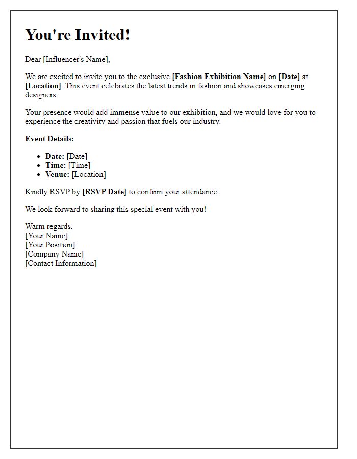 Letter template of influencer media invite for fashion exhibition.