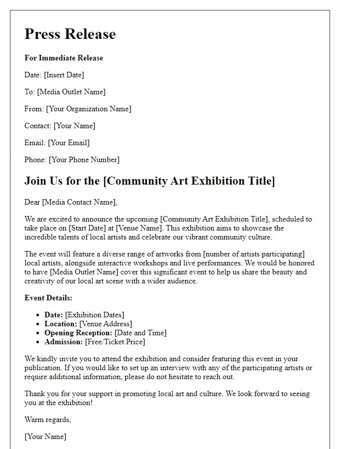 Letter template of local media outreach for community art exhibition.