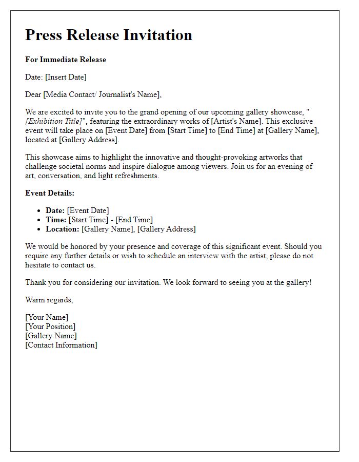 Letter template of press release invitation for gallery showcase.