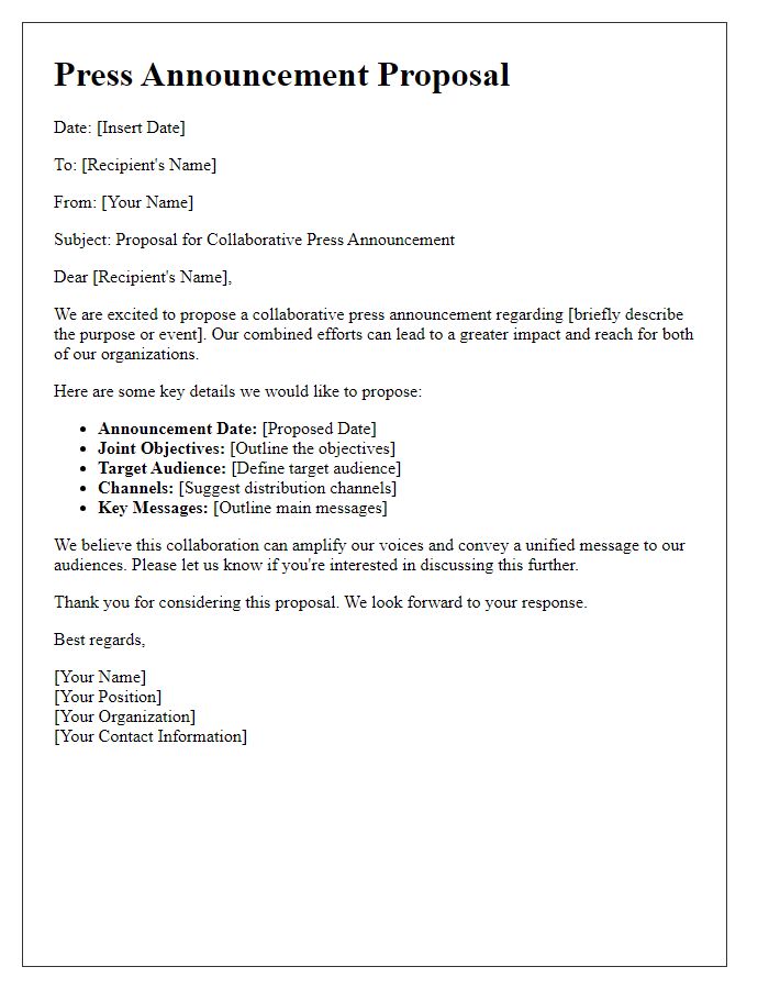 Letter template of collaborative press announcement proposal