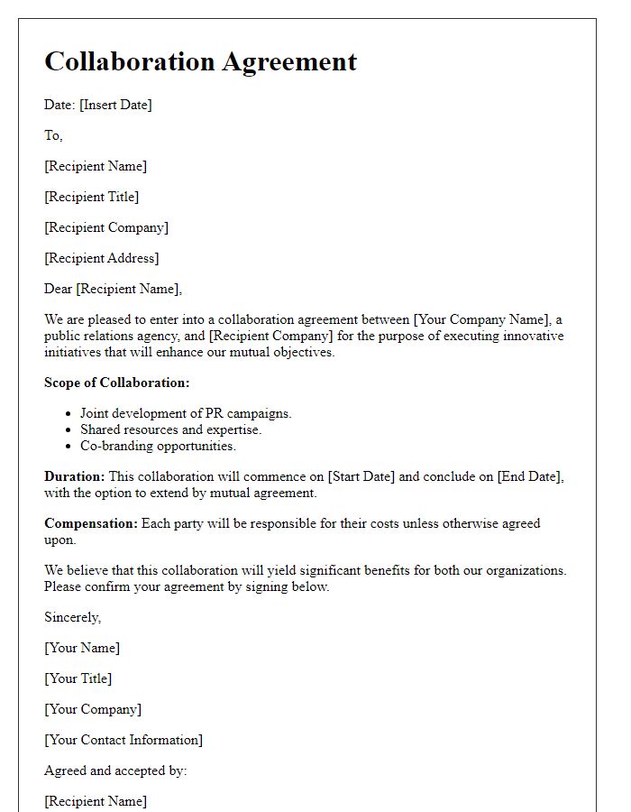 Letter template of collaboration agreement for PR agency initiatives