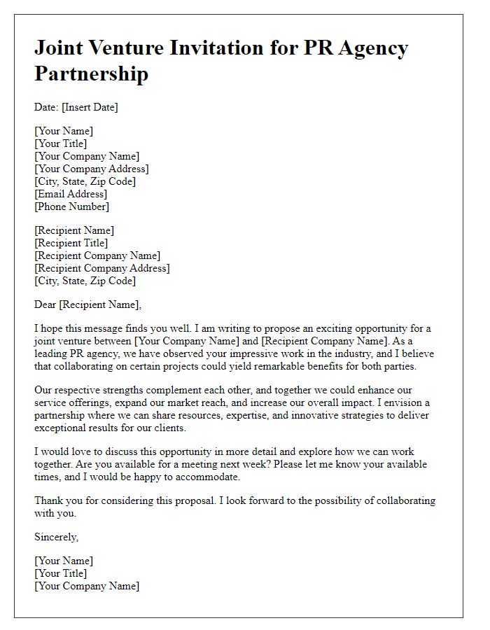 Letter template of joint venture invitation for PR agency partnership