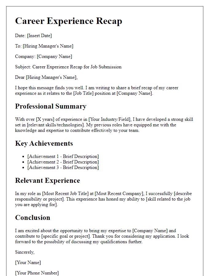 Letter template of career experience recap for job submission.