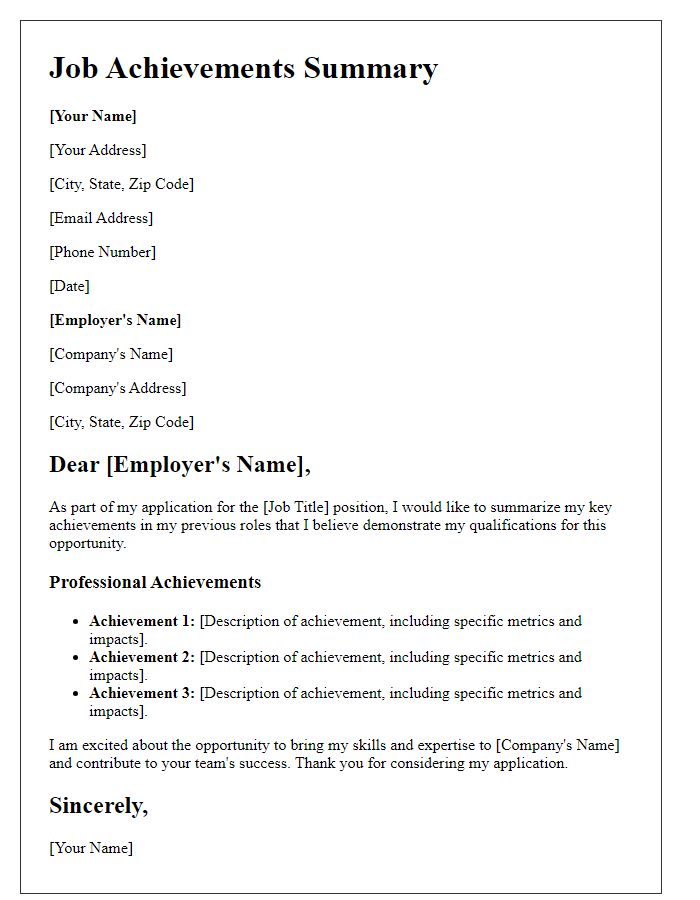 Letter template of job achievements summary for employment application.