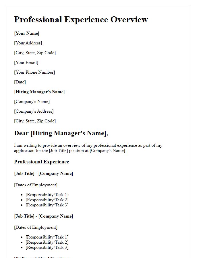 Letter template of professional experience overview for job application.