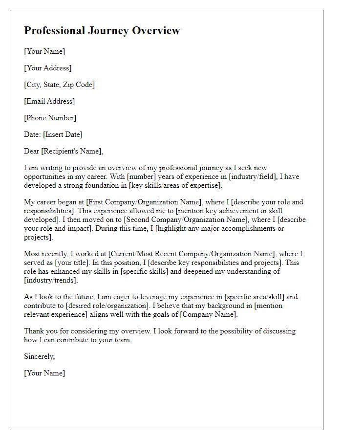 Letter template of professional journey overview for job seeker's letter.