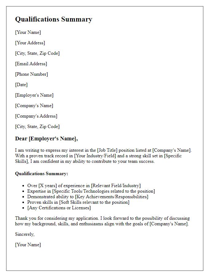 Letter template of qualifications summary for professional position.