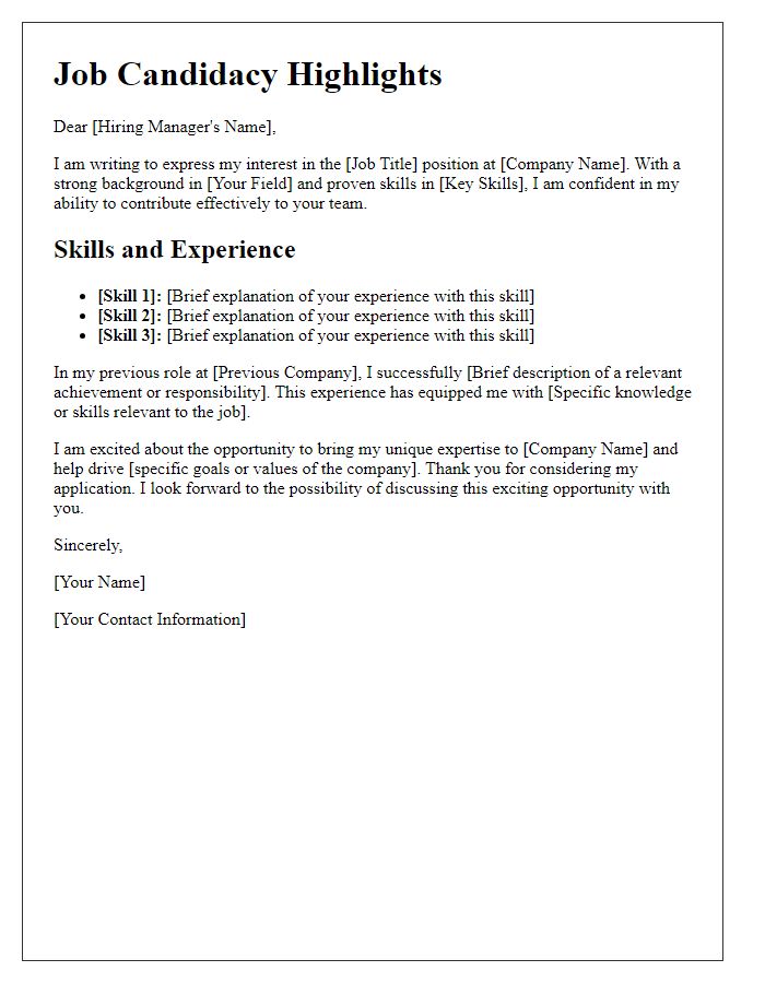 Letter template of skills and experience highlight for job candidacy.