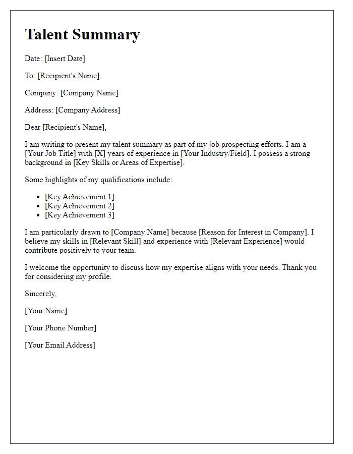 Letter template of talent summary for job prospecting.