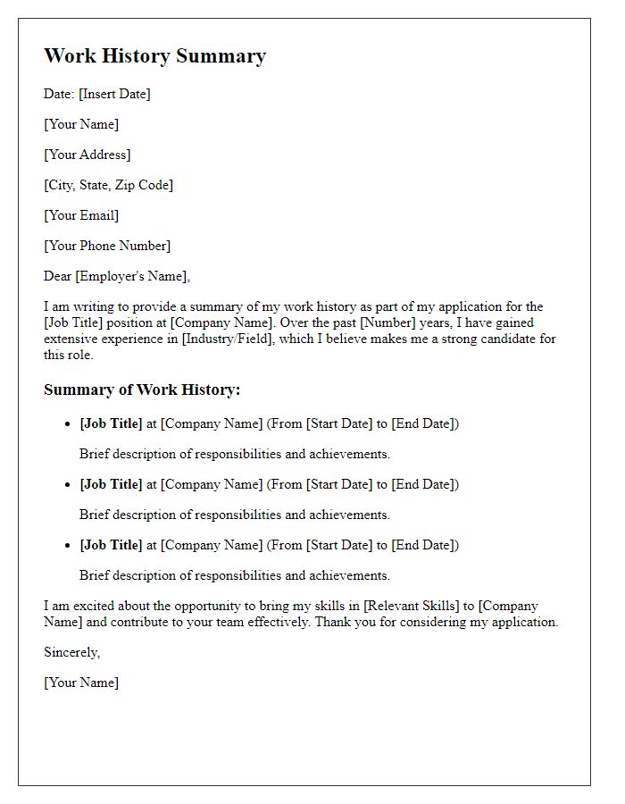 Letter template of work history summary for career opportunity.